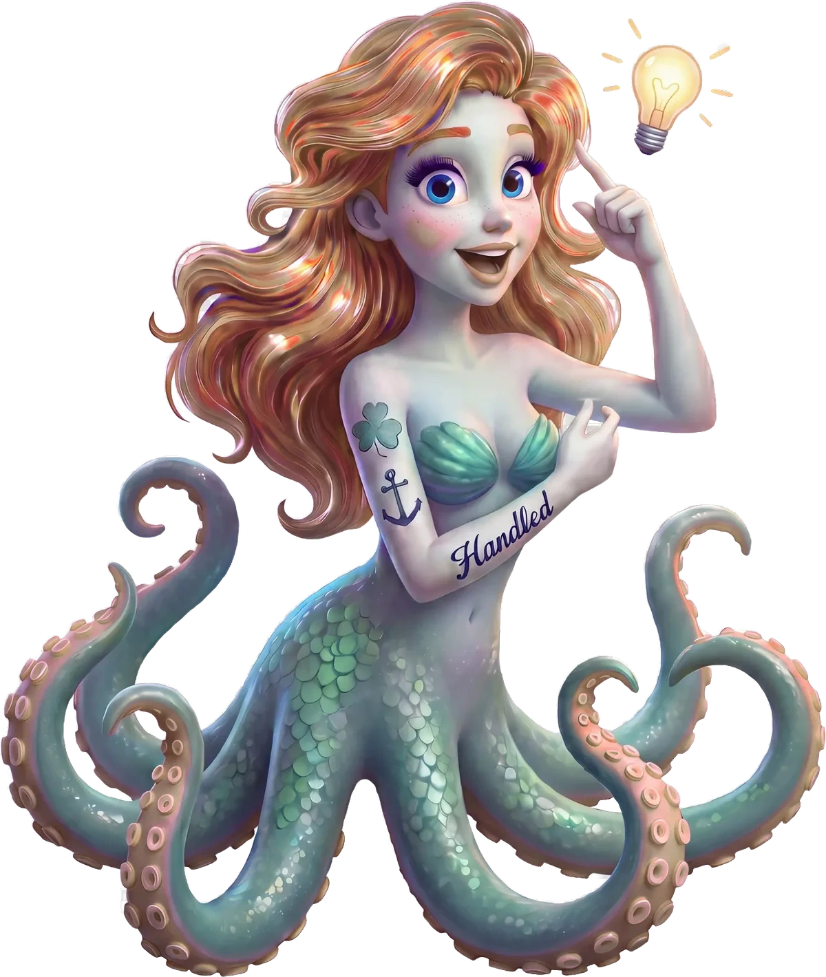 Ella, the Handled octopus mascot, pointing to her head with a lit lightbulb beside her