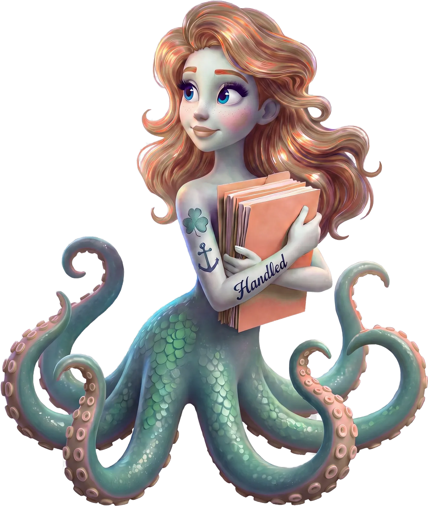 Ella, the Handled octopus mascot: a green octopus-mermaid with copper hair, looking down at the stack of Handled folders she is holding