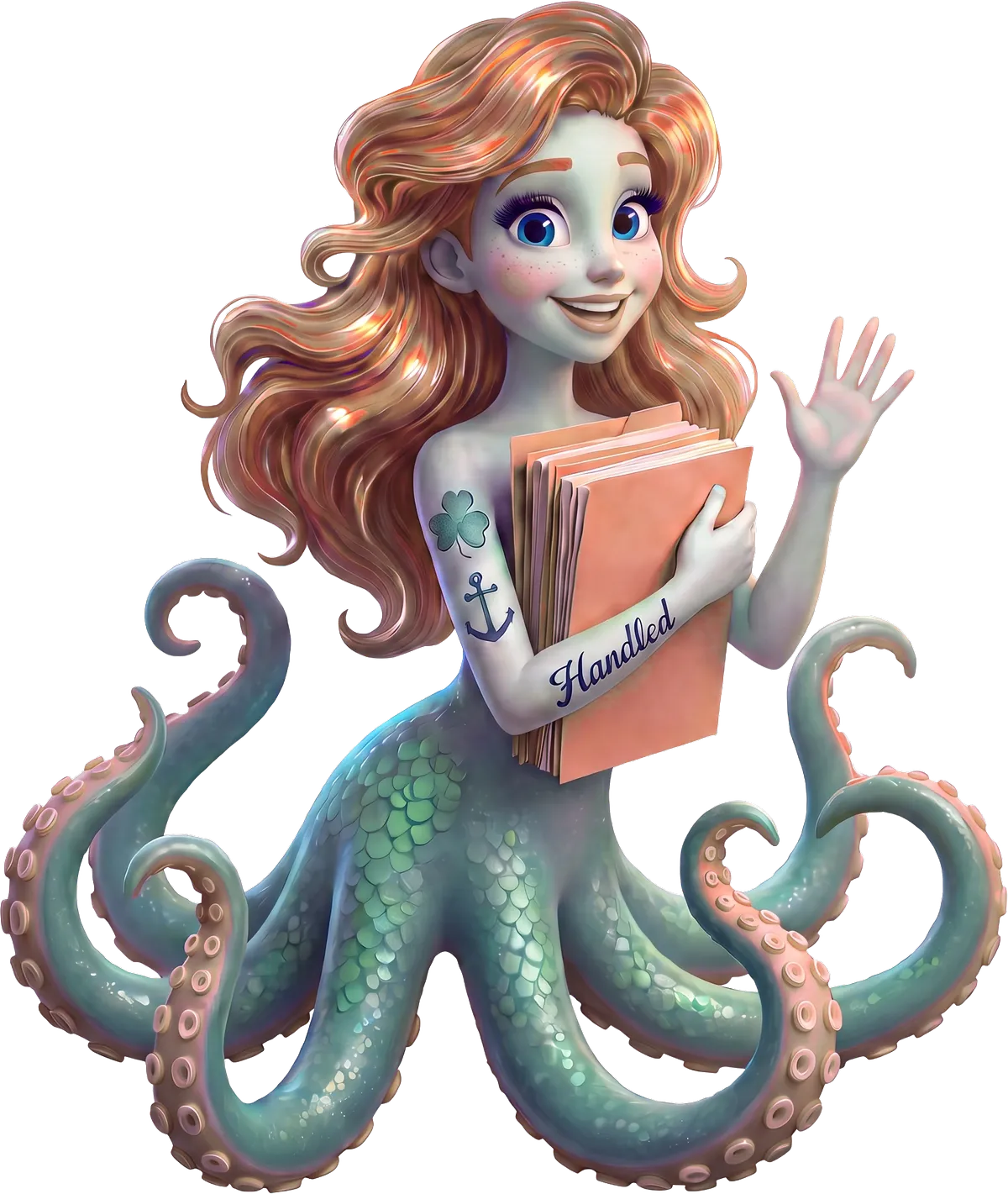 Ella, the Handled octopus mascot, waving and holding a stack of Handled folders